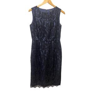 Brooks Brothers Silk Blue with Black Lace Overlay Sleeveless Dress Size 6